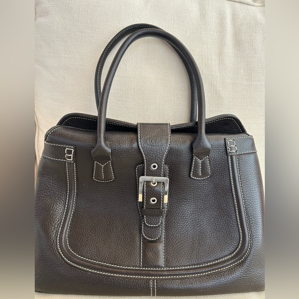 Tods Top Handle Bag Satchel Chocolate Brown Pebbled Leather Buckle Front Design